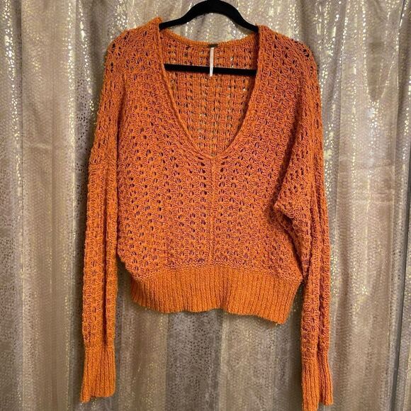 Free People Best Of You Sunset Orange Open Knit V Neck Sweater Medium - Picture 1 of 9